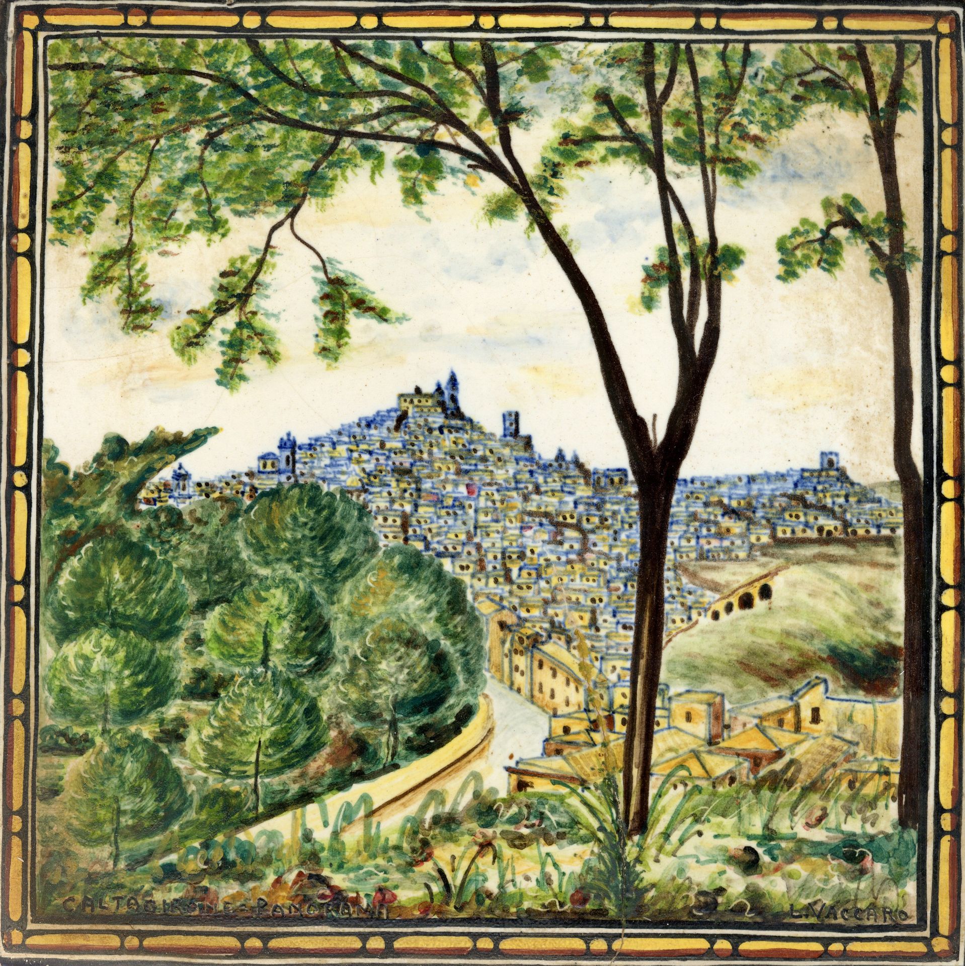 Mattonella caltagironese: «Caltagirone panorama» Mattonella in ceramica caltagironese con veduta panoramica della città, dalle collezioni della Fondazione
